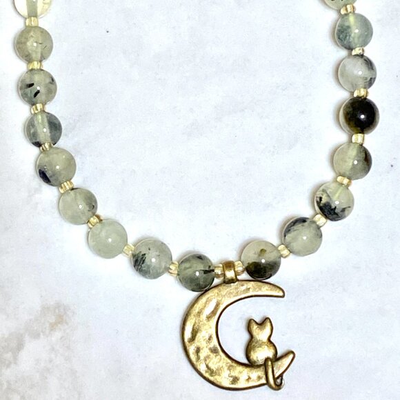 Genuine Prehnite Bronze Cat on the Moon Necklace, Gemstone Beaded Necklace - Picture 4 of 11